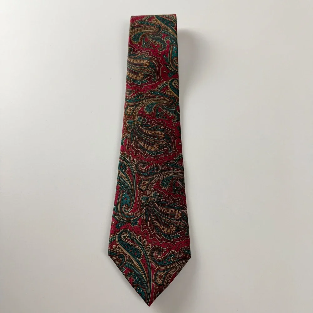 Vintage Brownstone Paisley Maroon Teal Italian Fabric‎ Silk Tie USA